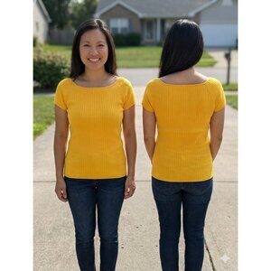 Ann Taylor Petite LP Mustard Yellow Ribbed Knit Short Sleeve Boatneck Sweater...